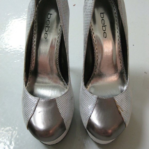 bebe Pewter Silver Metallic Pamelia Platform Polka Dot Pumps Size 8 Stiletto - Picture 1 of 6